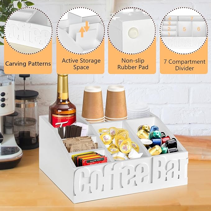Coffee Bar Organizer for Accessories, Wood Station for Countertop, Farmhouse Pod Holders, White Condiment Organizer for Decor-NeatNest