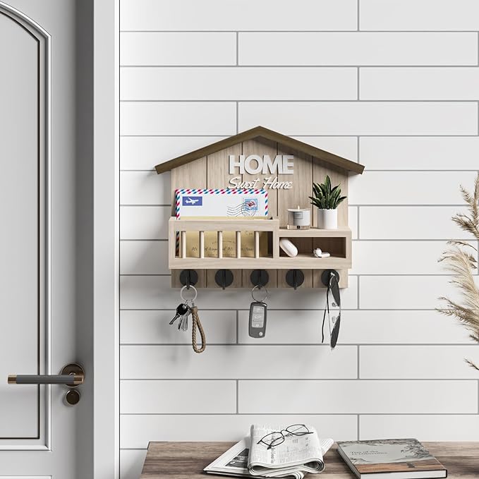 Key and Mail Holder for Wall, Wall Key Holder with Shelf, Home Key Holder for Wall, Wood Key Holder Wall Mount, Mail Organizer Wall Mounted, Entryway & Front Door Key Holder with 5 Hooks(White)