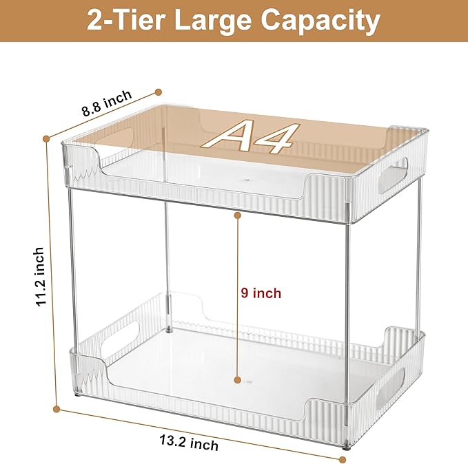 2-Tier Bathroom Counter Organizer, Multi-Purpose Cosmetics Skincare Shelf, Fits A4 Size Makeup Organizer for Office and Vanity Tray, Countertop Storage Solution for Kitchen,Bath.(Clear)-NeatNest