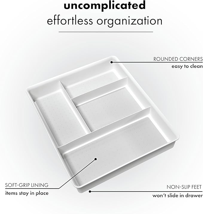 Madesmart Classic 4-Compartment Drawer Organizer Gadget Tray, Plastic Multipurpose Storage Bin for Drawers, White-NeatNest