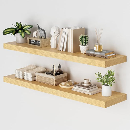 Heimlove 48W x 12D Long Floating Shelf, 12 Inch Deep Floating Shelves for Wall Set of 2, Wood Shelves for Bedroom Living Room Bathroom Kitchen Home Office, Wall Shelves with Heavy Duty Bracket, Oak-NeatNest