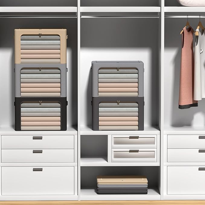 4 Pack Clothes Storage Bins - Oxford Fabric Metal Frame Storage Box - Foldable Stackable Container Organizer Set with Clear Window & Carry Handles & Zippers (Beige, 19.7"x15.7"*13")-NeatNest