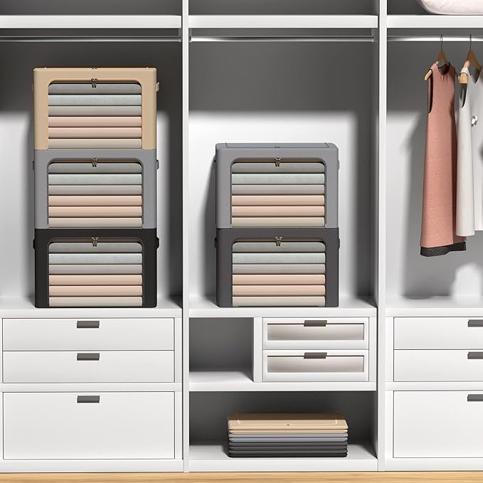 3Pack Frame Storage Box - Clothes Storage Bin Bags Oxford Fabric Foldable Stackable Container Organizer Set with Clear Window & Carry Handles (Beige, Medium-44L)-NeatNest