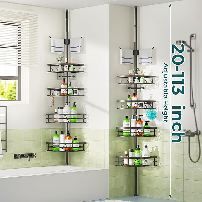 Dicasser Corner Shower Caddy - Tension Pole Rod Organizer, Floor to Ceiling 20-113 inch, Adjustable Towel Rack Waterproof Rustproof, Black