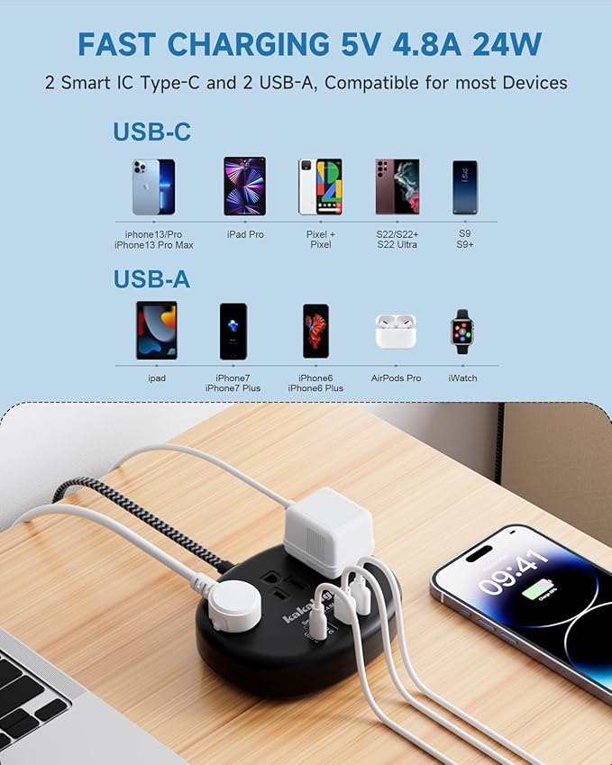 Black Extension Cord 10 Feet, 1625W Extension Cord 3 Prong with 3 AC Outlet 4 USB (24W/4.8A), Bedside Charging Station for Home, Office and Dorm-NeatNest