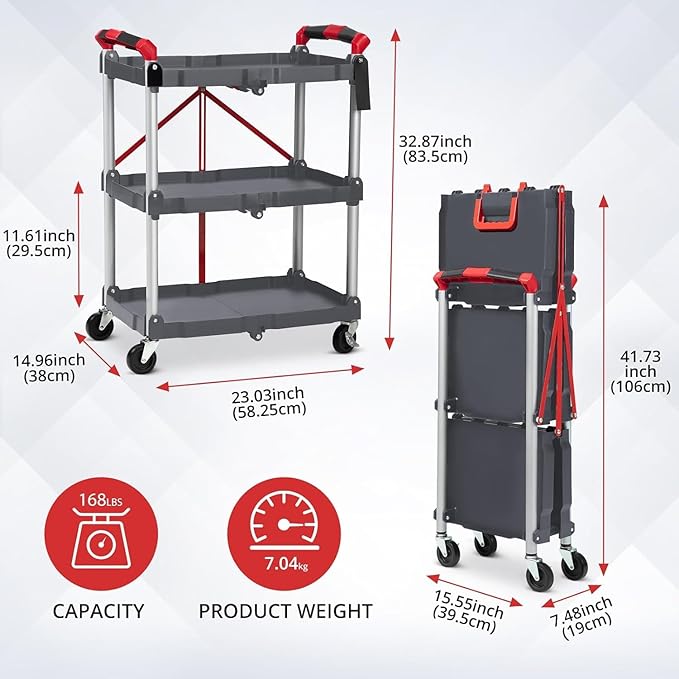 Folding Service Cart Collapsible 3 Tier Cart Portable Utility Service Cart with Wheels Aluminum Lightweight Push Cart for Office Warehouse, Home, Bar