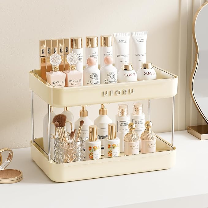 Countertop Coffee Station Organizer, 3 Tier Wine Glass Holder, Mug Shelf with Removable Drain Tray, Spice Rack for Kitchen, Bathroom Countertop Organizer, Cream White-NeatNest