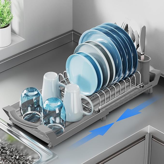Expandable Dish Drying Rack for Sink or Countertop – Compact Stainless Steel Dish Drainer with Removable Utensil Holder, Rustproof Plate Rack for Small Kitchen Spaces, Grey
