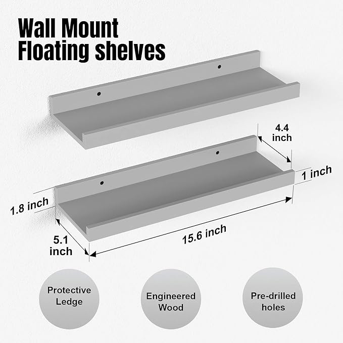 Floating Shelves for Wall, Wall Shelves Set of 2, Bedroom Shelves with Lip, Display Picture Ledge Shelf for Wall Decor Bedroom Living Room Bathroom Kitchen - Grey-NeatNest