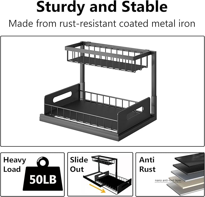 Under Sink Organizers and Storage 2 Tier Slide Out Kitchen Cabinet Organizer Sturdy Metal Bathroom Storage (Black, 1 Pack)-NeatNest