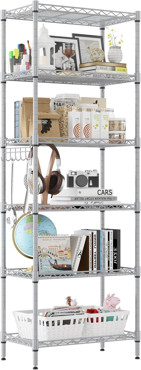 Homdox 6-Tier Storage Shelf Wire Shelving Unit Free Standing Rack Organization with Adjustable Leveling Feet, Stainless Side Hooks, Silver-NeatNest