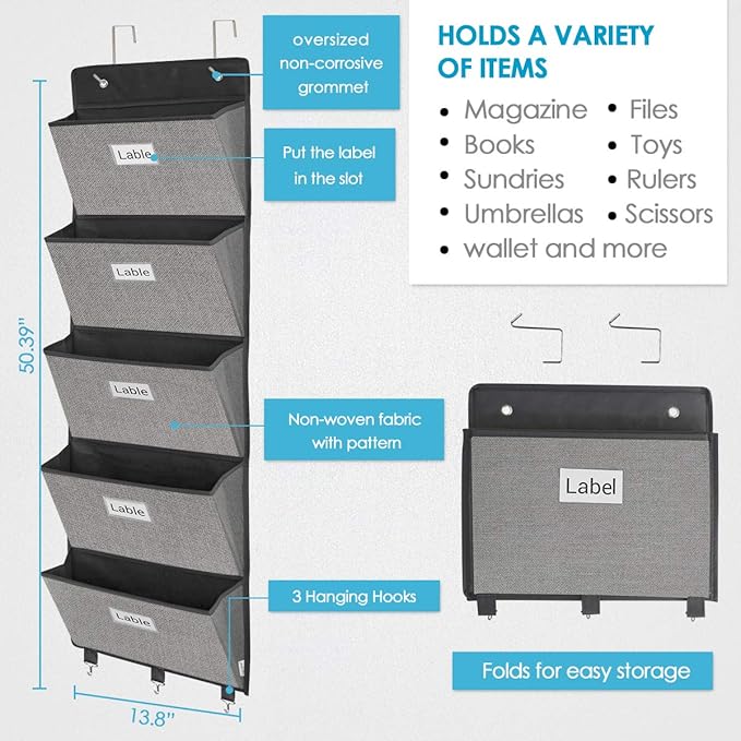 homyfort Over the Door File Organizer, Wall Hanging File Folders with 5 Large Pocket for Mails, Magazines, Back to School Supplies,Office Chart Storage, Paper Organization (Grey)-NeatNest
