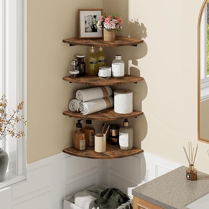 Homode Corner Wall Shelf, 12 Inch Wide Round Corner Floating Shelves with Cord Hole, Set of 4 Wooden Hanging Storage Shelving for Bathroom Living Room Small Spaces, Rustic Brown