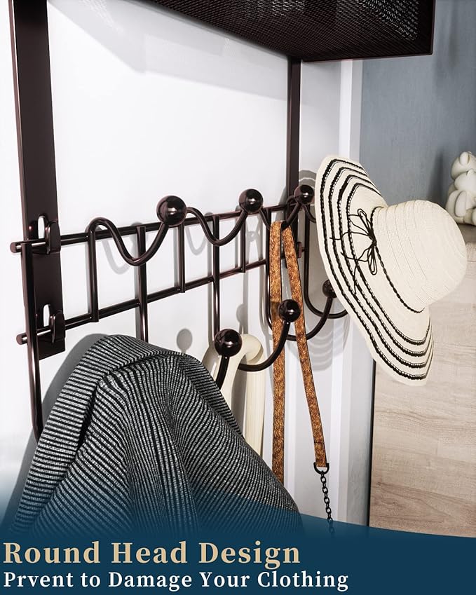 Consumest Over The Door Hooks Organizer - Extra Long Door Hanger with 9 Coat Hooks & 2 Mesh Basket, Back Storage Organizer Hanging Towels for Bathroom, Bedroom, Bronze (for 1.76in Doors)