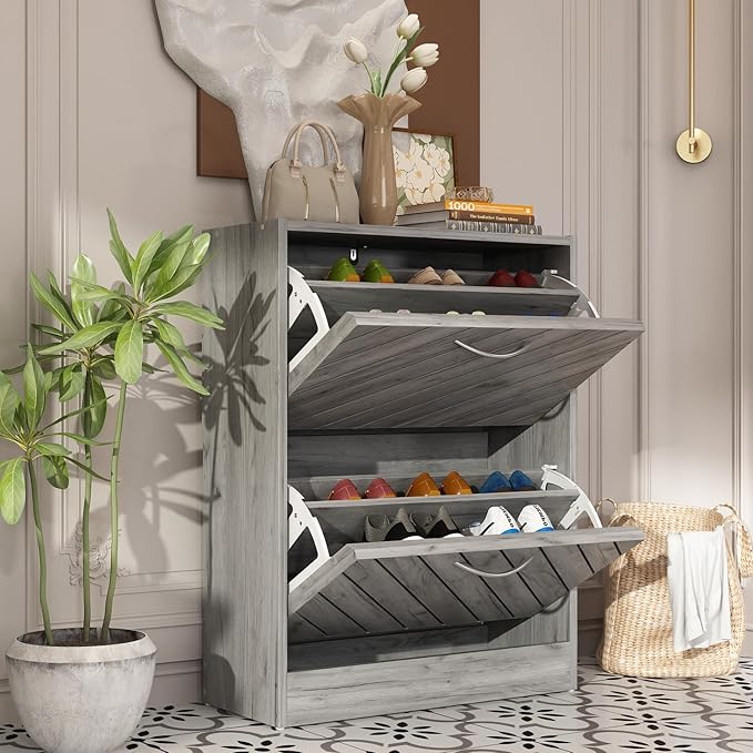 Shoe Cabinet with 2 Flip Drawers, Shoe Storage Organizer with 2-Tier Shelf for Entryway, Freestanding Shoe Rack Storage Organizer, Grey-NeatNest