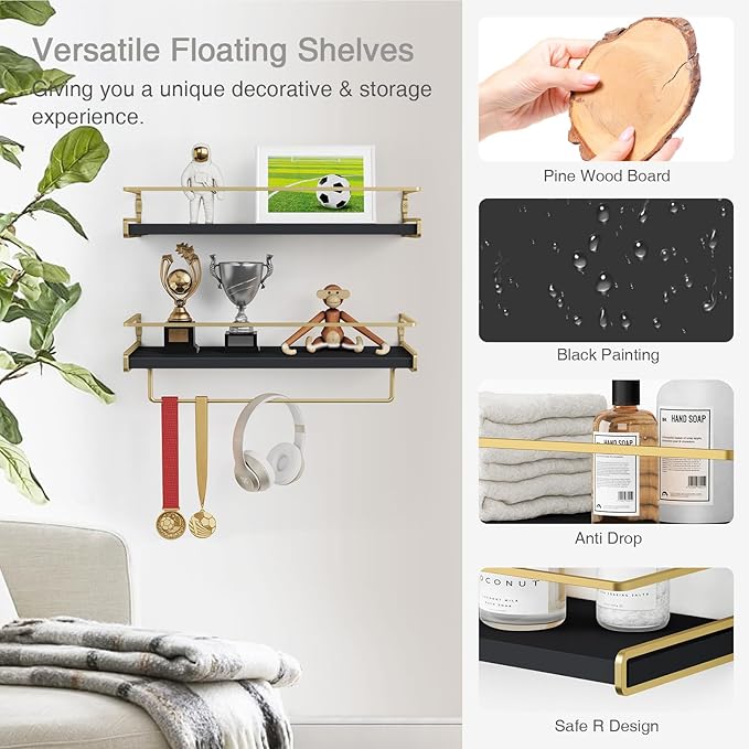 Forbena 2-Pack Black and Gold Contemporary Floating Shelves for Wall, Bathroom, Kitchen, Home Decor (Black and Gold)-NeatNest