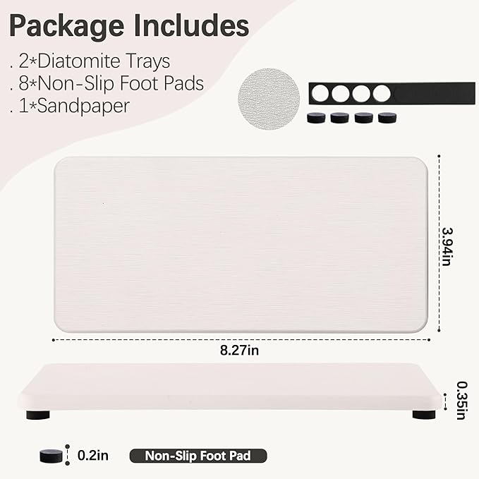 2 Pcs Water Absorbing Stone Trays, Kitchen/Bathroom Sink Soap Dish, Diatomite Tray Used for Hand Soap & Cosmetic Bottles in The Modern Home, 4" W x 8.3" L, White-NeatNest