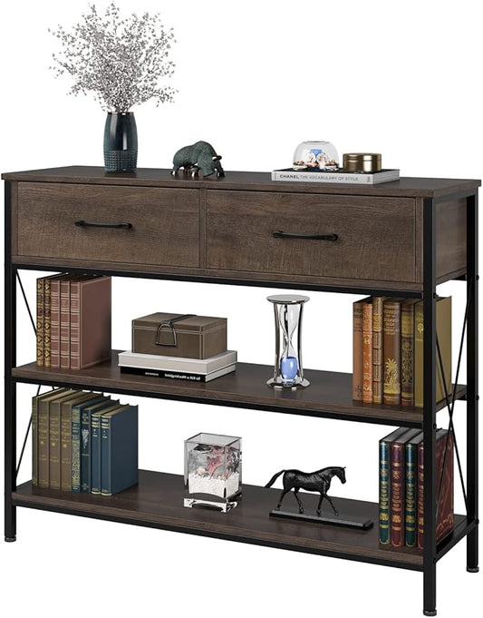 HITHOS Industrial Console Table with Drawers, Vintage Hallway Foyer Table with Storage Shelves, Narrow Long Sofa Entryway Table for Living Room, Dark Brown-NeatNest