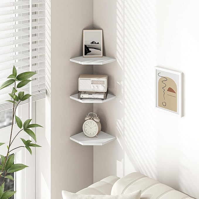 Corner Shelf Wall Mount, Floating Corner Shelves, Set of 3 Corner Wall Shelf Organizer, Rustic Wood Wall Storage Display Shelves for Living Room Bedroom Bathroom Kitchen, Rustic White-NeatNest