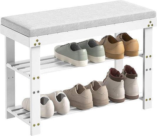 Bamboo Shoe Bench, 3-Tier Shoe Rack, Entryway Bench with Cushion and Adjustable Shelves, Shoe Rack for Entryway, Hallway, Mudroom and Living Room, White