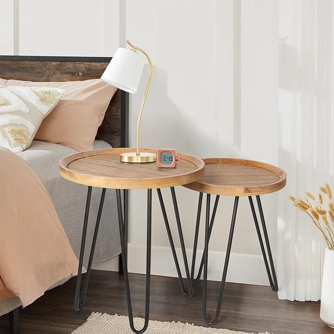 Oakrain Nesting Tables for Living Room, Round Nesting Coffee Table, Farmhouse End Tables Living Room Set of 2, Wood Side Tables Set of 2 for Sofa, Bedroom