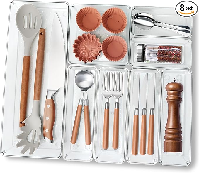 Criusia Utensil Drawer Organizer for Kitchen, 8 Pack Silverware Organizer Utensil Holder, Clear Plastic Drawer Dividers for Flatware, Cutlery, Kitchen Gadgets Accessories, Organizador de Cocina-NeatNest