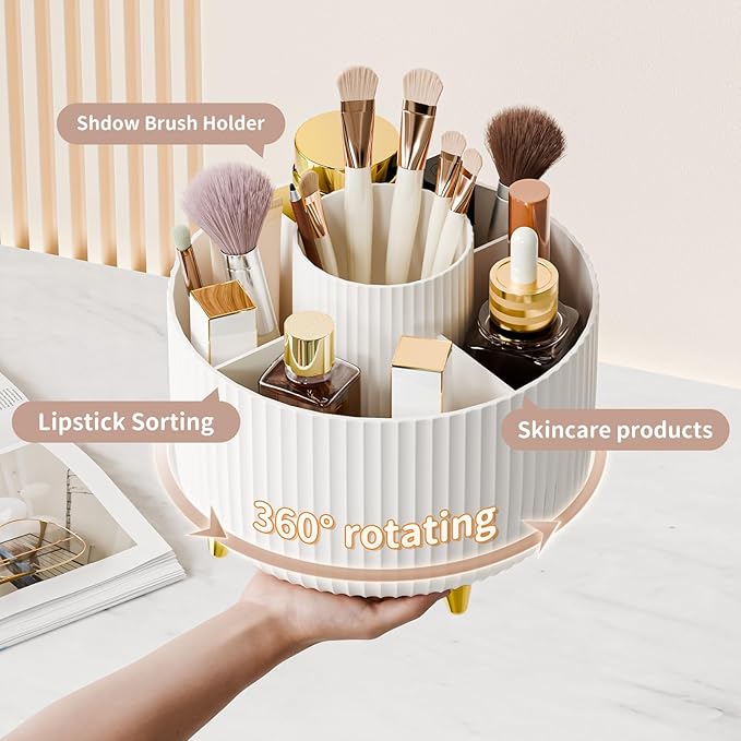 360° Rotating Desktop Women Brush Holder Organizer, Makeup Organizers Countertop (White-1)