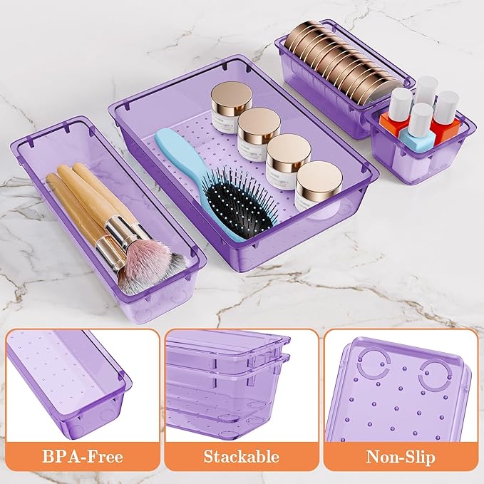 25 PCS Plastic Drawer Organizer Set, 4-Size Versatile Organizer Trays & storage Bins for Makeup, Jewelry, and Gadgets in Bathroom, Bedroom and Office,Clear Purple-NeatNest