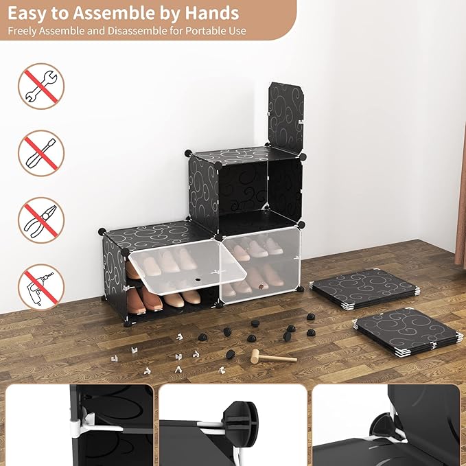 ROJASOP Portable Shoe Rack Organizer 6-Tier Shoe Cabinet 24-Pair shoe Storage Expandable Free Standing Stackable Space Shoe Rack with 2 exclusive Versatile Hooks for Bedroom Black-NeatNest