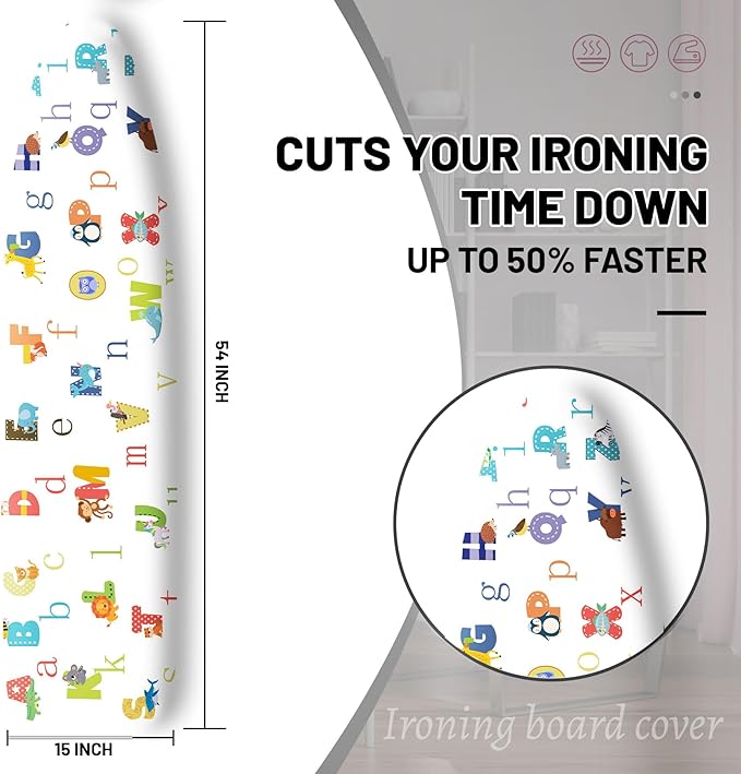 Extra Thick Ironing Board Cover and Pad, Cartoon Alphabet 15x54 Ironing Board Cover, Resist Scorching and Staining,Elastic Edges,Cute Animal Lovely Prints
