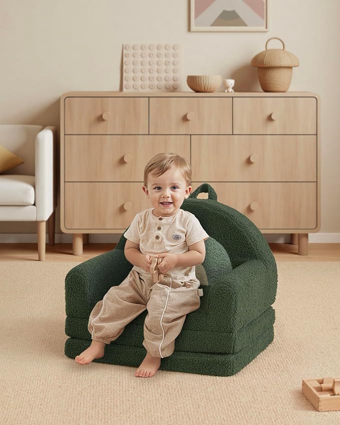 Blissful Diary Foldable Toddler Couch, 2-in-1 Comfy Toddler Chair & Lounger for Reading, Nap, Playroom, Kids Couch Sofa for 1 2 3+ Year Old Girls Boys Birthday Gift, Dark Green Arclet-NeatNest