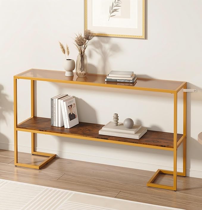 Console Sofa Table, 52" Modern Entryway Table, 2-Tier Open Shelf with Tempered Glass, Metal Frame Behind Couch Table with Gold Metal Frame for Living Room Hallway Entrance, Brown-NeatNest