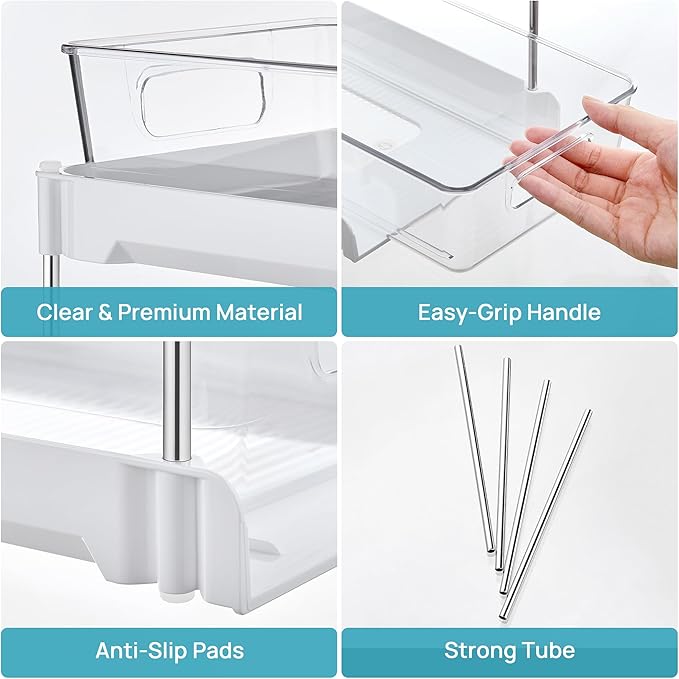 Vtopmart 4 Pack Bathroom Organizer, 2 Tier White Under Sink Organizers Vanity Countertop Storage Container,Cabinet Drawers Bins, Pull-Out Organization with Track for Pantry, Kitchen-NeatNest