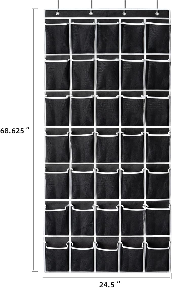 35 Pockets Over the Door Shoe Organizer, Hanging Shoe Organizer for Door with 35 Mesh Pockets Large Capacity Shoe Hanging Storage Bag with 4 Metal Hooks (Black-1Pack)-NeatNest