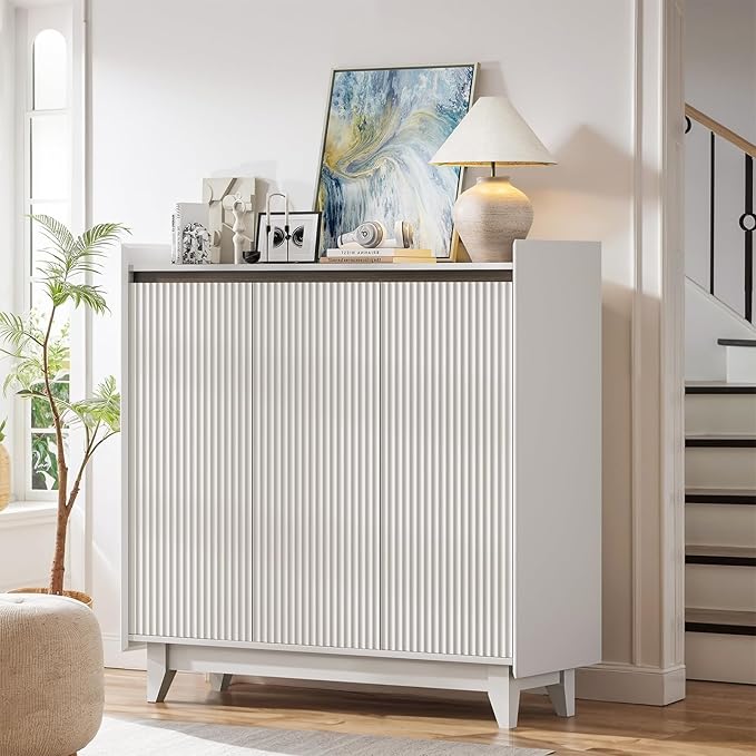 Large Shoe Storage Cabinet Set of 2, 43.7" Tall Shoe Cabinet, Fluted White Shoe Storage for Entryway, 6-Tier Farmhouse Boho Freestanding Shoe Rack Organizer for Foyer, Hallway-NeatNest