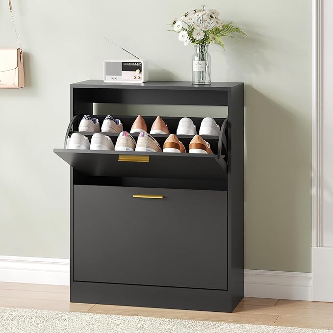 Shoe Cabinet with 2 Flip Drawers, Black Shoe Cabinet Storage for Entryway, Modern Shoe Organizer Wood, Freestanding Small Thin Shoe Racks with Doors, Black-NeatNest