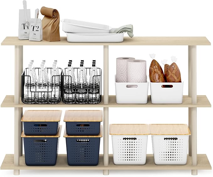 Furinno Turn-N-Tube No Tools 3-Tier Rectangle Side Display Rack, Bauhaus Oak/Beige Plastic Pole 2 x 2