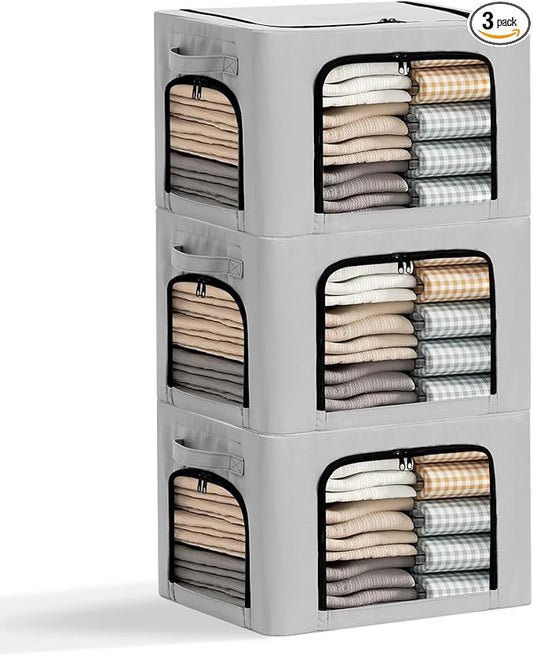 3-Pack Clothes Organizer Bins with Metal Frame, Foldable 40L Linen Storage Boxes with Lids, Clear Windows, Zippers & Durable Handles (Light Gray)-NeatNest