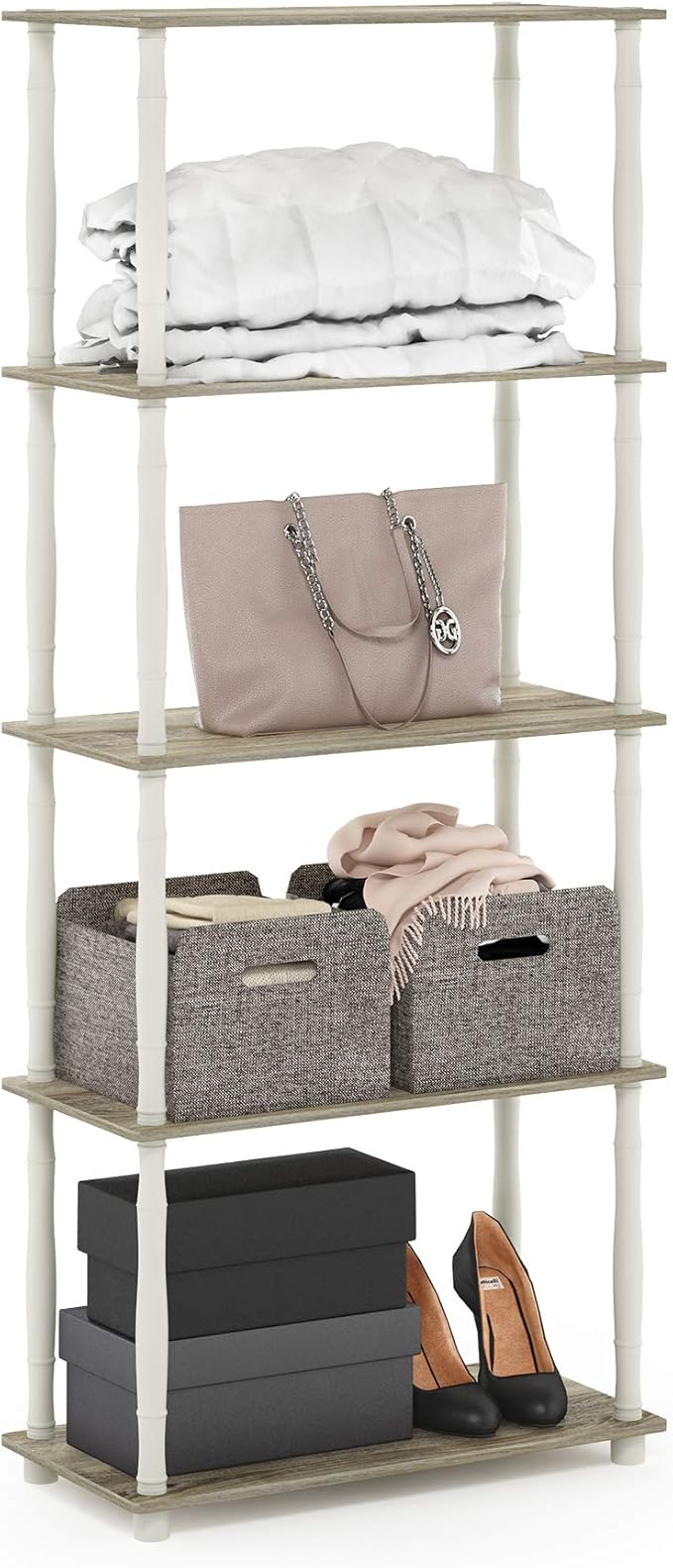 Furinno Turn-N-Tube 5-Tier Multipurpose Shelf / Display Rack / Storage Shelf / Bookshelf, Classic Tubes, Sonoma Oak/White-NeatNest