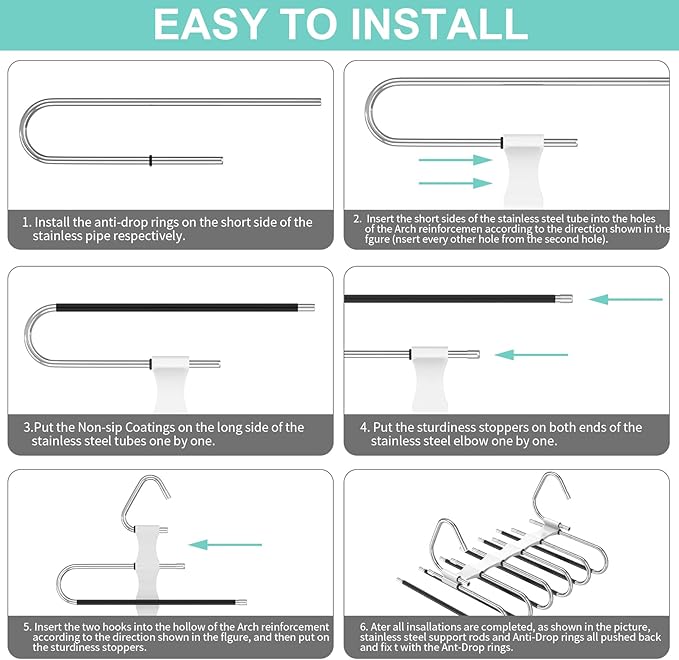Upgrade 6 Layers Pants Hangers Space Saving, 2Pack Stainless Steel Multifunctional Rack Non Slip S-Type Clothes Jean Hanger Closet Organizer for Jeans Leggings Trousers Skirts Scarf, White-NeatNest