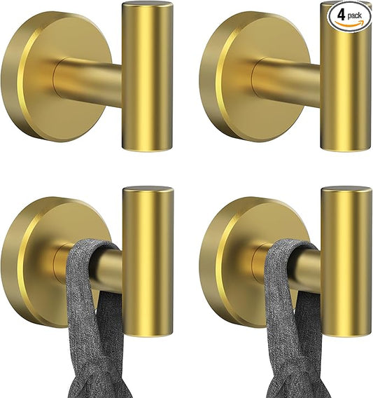 Bathroom Towel Hook, Coat Robe Clothes Hook for Kitchen Garage Wall Mounted, 304 Stainless Steel, Heavy Duty Door Hanger, Cabinet Closet Wall Hook for Hotel Pool (Brushed Gold, 4 Pack)