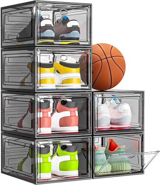 7 code Thicken & Sturdy Clear Shoe Storage Organizer with Magnetic Door, Stackable Boxes for Closet, Foldable Shoe Rack for Sneaker Boot Container, Plastic Shoe Cabinet Shoe Box 6 Pack, Black-NeatNest