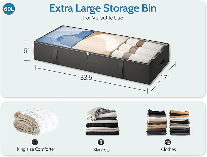 2-Pack Under Bed Storage, 6 Inches Tall Closet Organizers and Storage Bins with Sturdy Sidewalls/Bottom/4 Handles, Black-NeatNest