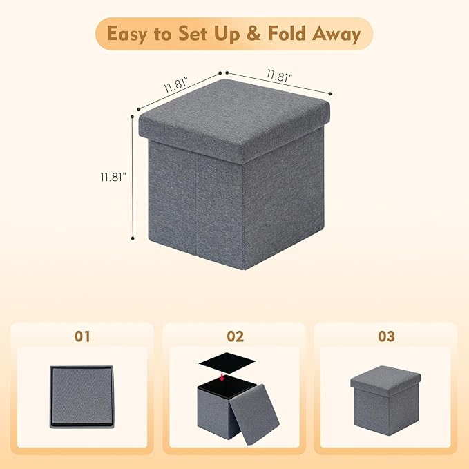 B FSOBEIIALEO Storage Ottoman Cube, Linen Small Foot Seat,for Living Room, Bedroom, Home Office, Dorm Storage Footrest Grey 11.8"x11.8"x11.8"