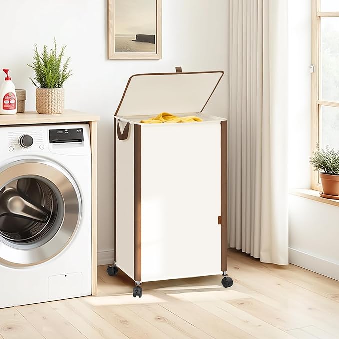STORAGE MANIAC Rolling Laundry Hamper with Lid, 23.7 Gal (90 L) Large Tall Laundry Basket with Wheels & Handles, Aesthetic Dirty Clothes Hamper for Small Space, Dorm, Apartment, College, Beige