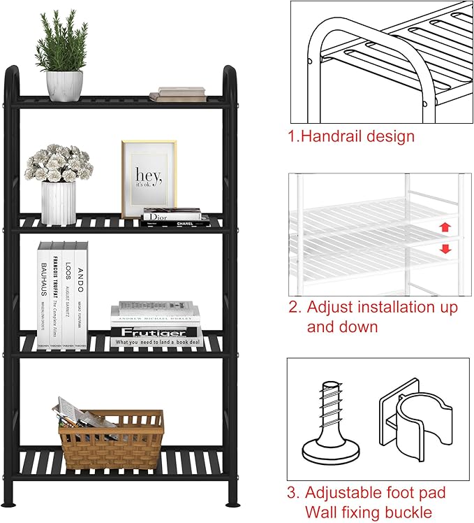 JSB 4-Tier Adjustable Shelving Unit, Heavy Duty Storage Rack Organizer Metal Corner Shelf for Kitchen Living Room Laundry Pantry Bathroom (Black, 4 Tier)…-NeatNest