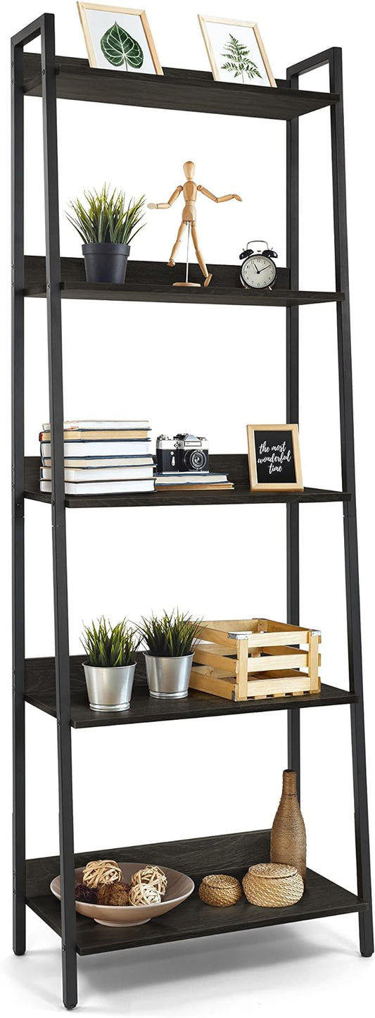 CAPHAUS 5 Tier Ladder Bookshelf, 24 Inch Width Free Standing Shelf, Bookcase Shelf Storage Rack Organizer, Industrial Book Shelves for Home Office, Living Room, Kitchen, Black Wooden Shelves-NeatNest