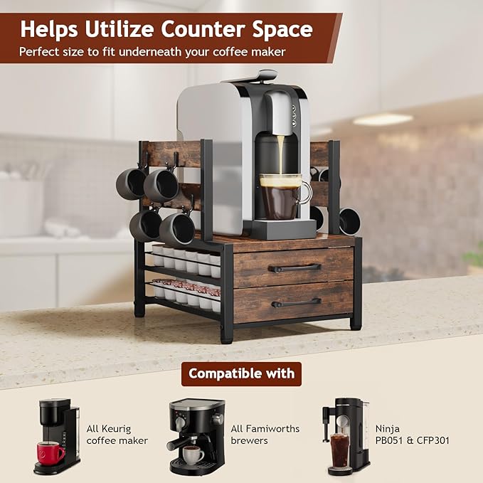 K Cup Holder Drawer - K Cup Storage Organizer, Coffee Pod Drawer with Hooks, Durable Iron-Wood Design, Space-Saving Coffee Station Organizer for Kitchen Counter-NeatNest