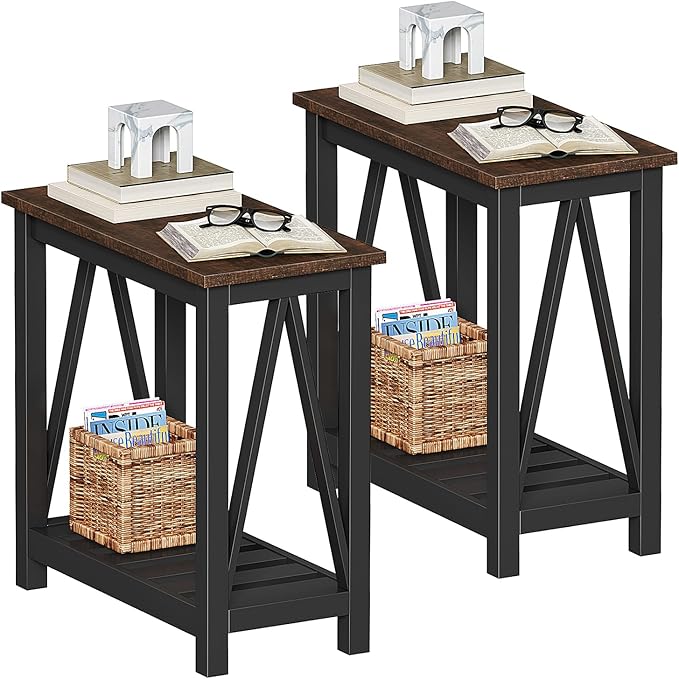 ChooChoo Farmhouse End Table, Rustic Vintage Narrow End Side Table with Storage Shelf for Small Spaces, Nightstand Sofa Table for Living Room, Bedroom Black 2 Pack-NeatNest