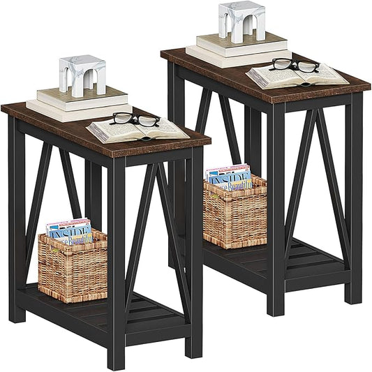 ChooChoo Farmhouse End Table, Rustic Vintage Narrow End Side Table with Storage Shelf for Small Spaces, Nightstand Sofa Table for Living Room, Bedroom Black 2 Pack-NeatNest